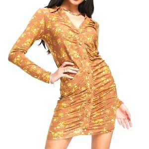 ASOS Design Mini Floral Mustard Ruched Shirt Dress Vneck Stetch Knit Siz…